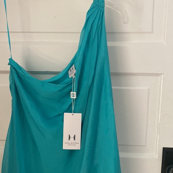 Halston One-Shoulder Turquoise silk organza party dress NWT - Picture 2 of 3